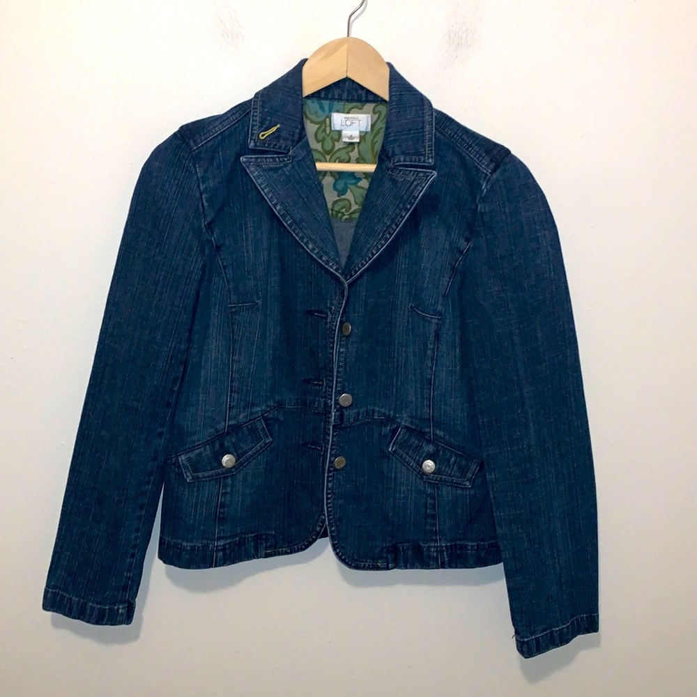 LOFT Vintage Denim Jacket Blue Cropped Blazer Button Up Stretch Y2K 90s Size 0